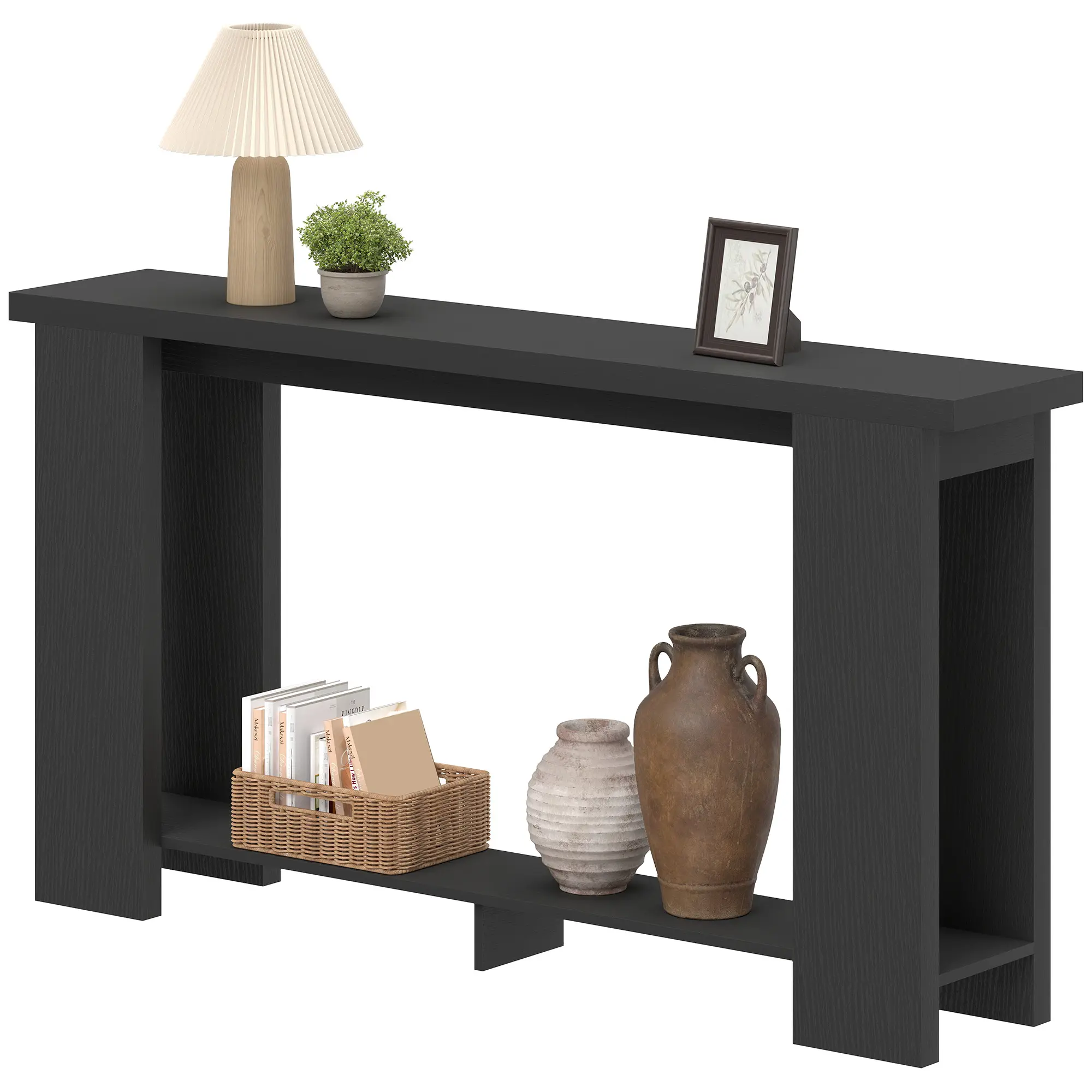 Farmhouse Pedestal Console Table, 63" Narrow Entryway Table with Thick Tabletop for Living Room, Hallway, Distressed Black