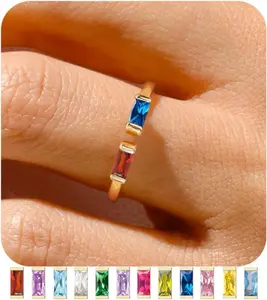 Gold Birthstone Rings for Women 14K Gold Plated Adjustable Rings Non Tarnish Gold Stackable Rings Dainty Emerald Green Cubic Zirconia Ring for Mother Daughter Birthday Jewelry Gifts