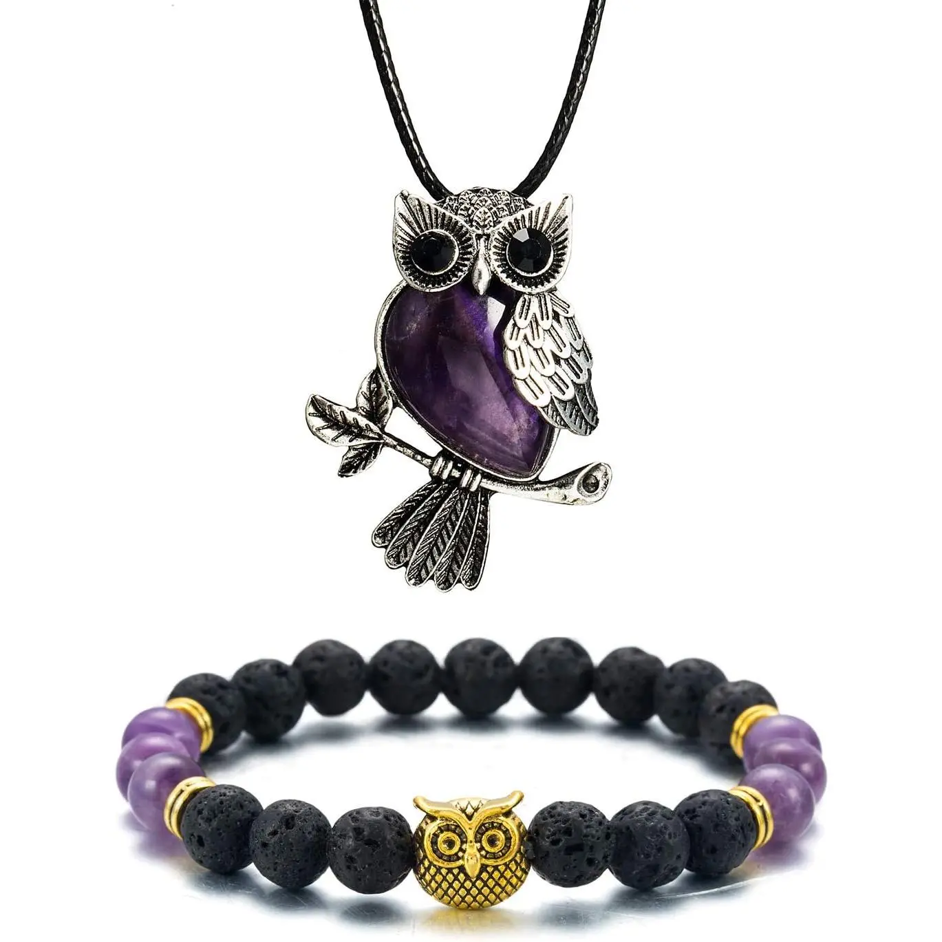 Owl Necklace Healing Crystals Necklace for Women Men Reiki Spiritual Energy Gemstone Necklace Lava Owl Bracelet Set Gifts for Women with Gift Box