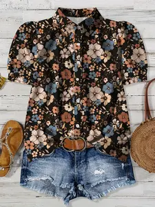 Women's Floral Print Digital Elegance Square Neck Lantern Short Sleeve Shirt, Stylish Casual Top for Daily Wear, Perfect for Spring & Summer