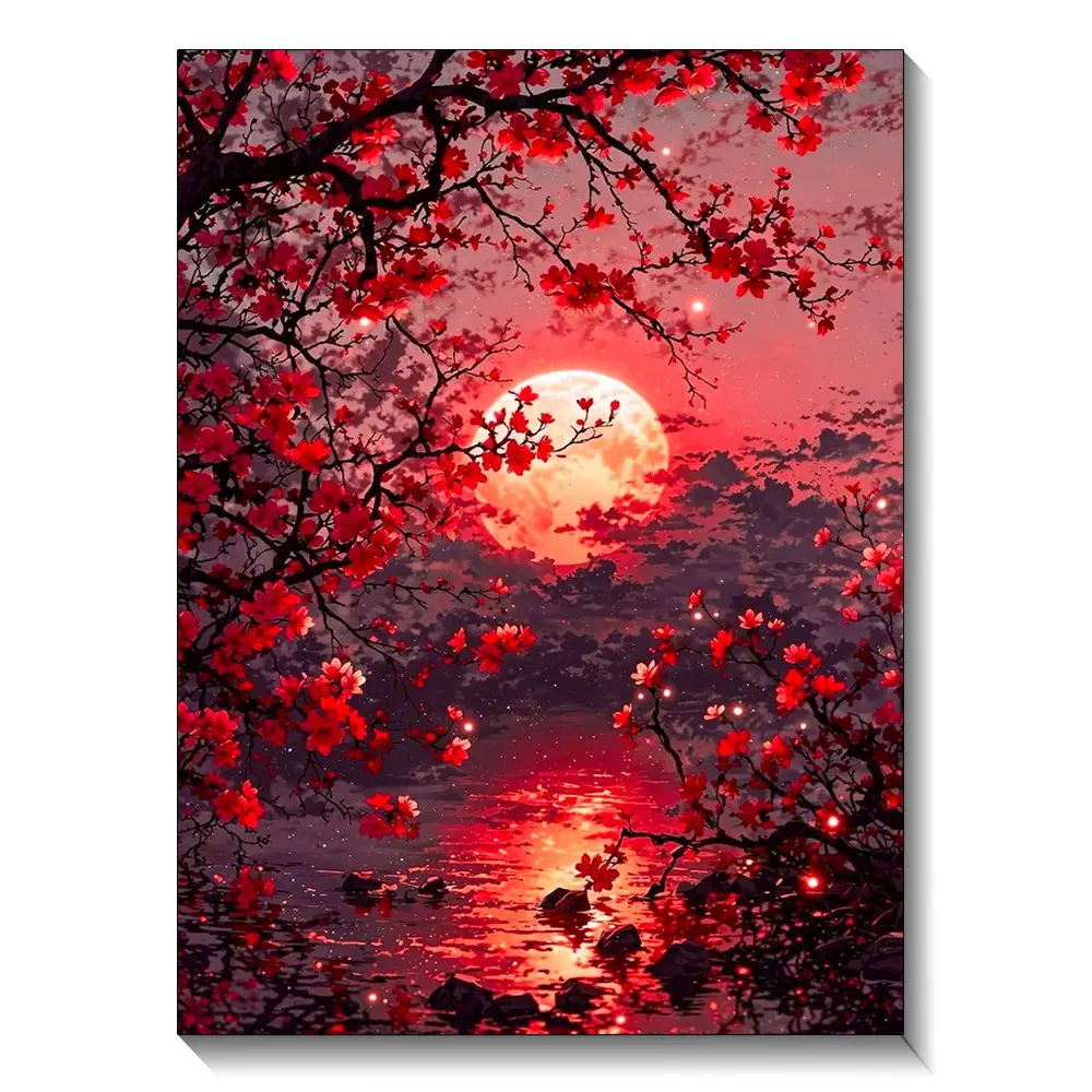 Water reflection red moon diamond painting set, suitable for adult beginners, DIY round diamond diamond art set, gemstone inlay art easy, home wall decoration 30x40cm/11.81x15.75inch Canvas