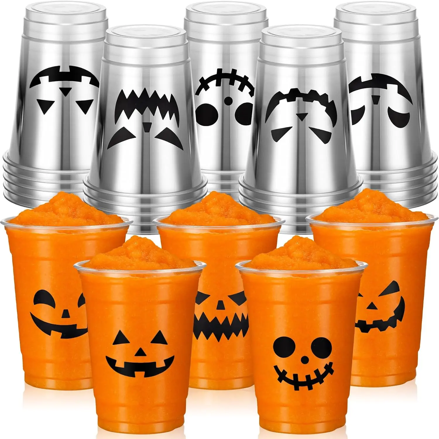 25 Pcs Halloween Disposable Plastic Cups 12 oz Clear Plastic Cups Pumpkin Disposable Tumbler with 5 Styles Patterns for Coffee Tea Cold Drinks Halloween Party Favors Supplies