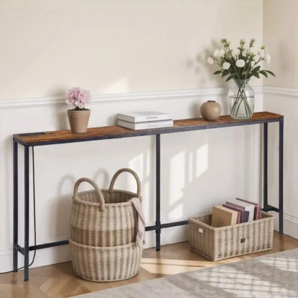 JupiterForce 70" Narrow Rustic Brown Console Table with Outlet and Charging Station - Modern Accent Table for Sofa Area, Rustic Hallway Furniture, Modern Accent Tables, Rustic Hallway Table