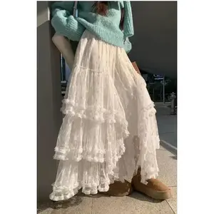 Lace ruffle mesh maxi skirt