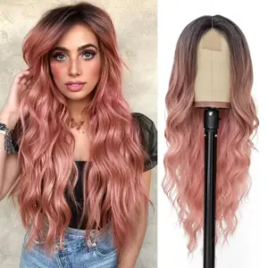 Ombre Pink Wigs for Women Long Wavy Middle Part Wig Natural Curly Glueless Synthetic Wig Cosplay Halloween Daily Party Heat Resistant Fiber Hair