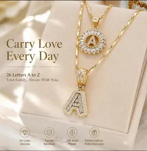 2-Pack Initial Letter Necklace 14K Gold Plated Shiny Delicate Fashion Chunky Custom Name Personalized Round Pendant Zircon Letter Necklace Valentine's Day Anniversary Jewelry Set Gift for Mom, Daughter, Boyfriend, Girlfriend, Christmas Gift