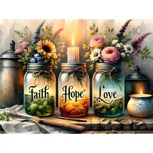 Cross Stitch Kits for Adults - Faith, Hope, Love Wishing Bottle Stamped Cross Stitching Ornament Kits for Beginners, Counted Embroidery Needlepoint Kit Home Decor 12 x 16 Inch