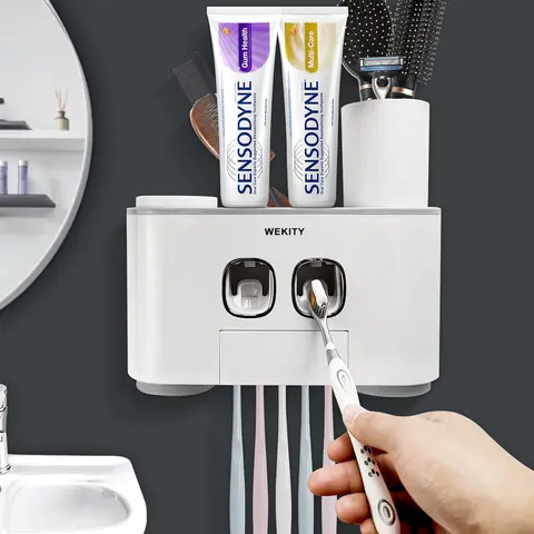 Toothbrush Holder Wall Mounted, WEKITY Multi-Functional Toothbrush and Toothpaste Dispenser for Bathroom, 2 Toothpaste Squeezers and 4 Cups Set