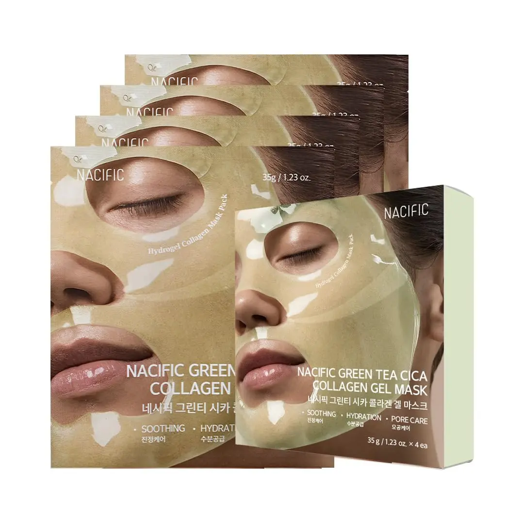 NACIFIC Collagen Gel Facial Mask (Green Tea Cica) 4EA Set, Hydrogel Care for All Skin Types, Hydrating, Firming, Elasticity, Pore Minimizing, Glass Glow Skin, Korean Skin Care
