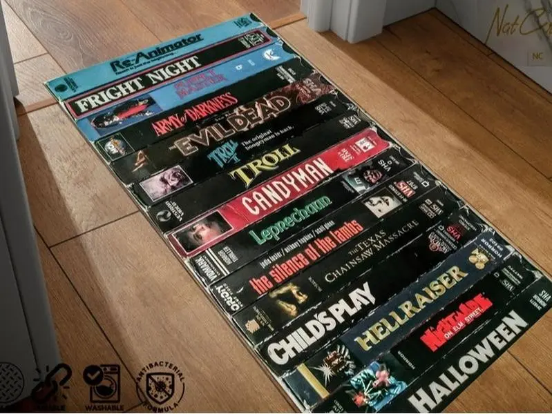 Horror Movie Themed Rug, Nostalgic Retro Style Rug, Vhs Case Themed Horror Rug, Home Theater TV Room Rug