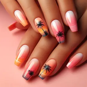 Sunset Gradual Color Fake Nails with Nail File & Tape, Removable False Nails for Women Girls Nail Art, Effortless Press on Nails Manicure Set