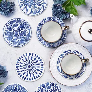 Pack Of 8 Blue Diamond Painting Coasters with Holder,Cup Kit for Adults And Beginners Craft Supplies DIY Diamond Art Crafts Supplies