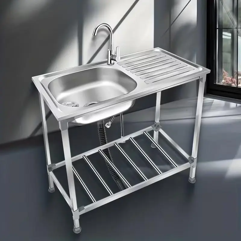 Extra-Large Stainless Steel Outdoor Multi-Function Utility Sink Heavy Duty 304 Single-Basin Portable Freestanding Laundry Tub for Commercial Residential Garage Kitchen Camping Backyard Restaurant Easy-to-Clean Surface Sturdy Stand