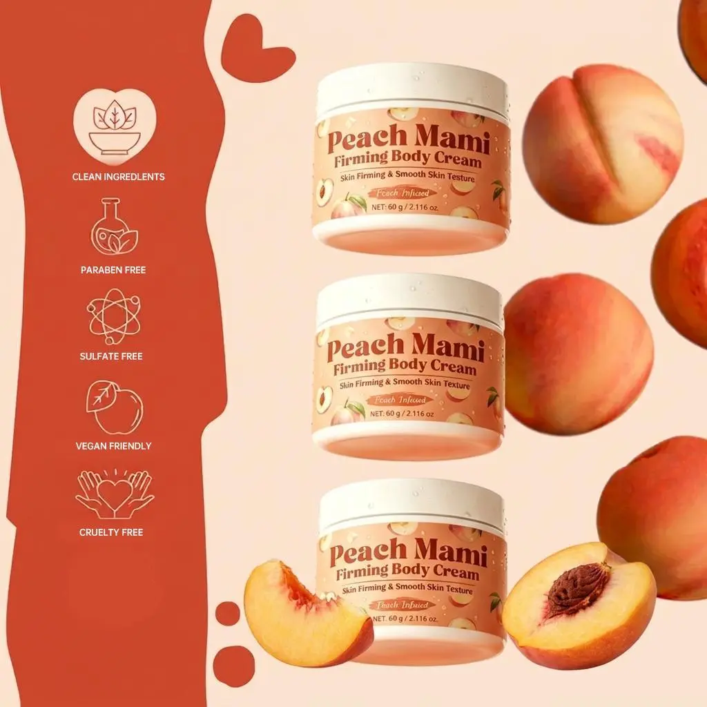 Peach Mami Firming Body Cream—firms sagging skin, deeply hydrates and moisturizes, and fades stretch marks. Formulated with caffeine, hyaluronic acid, and botanical oils; suitable for daily care, postpartum care, and body hydration.