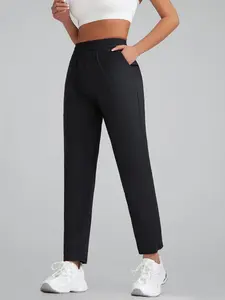Women's Solid Pocket Pants, Casual Comfy High Waisted Athletic Design Trousers for Daily Wear, Ladies Bottoms for All Seasons, Breathable Pants, Athleisure Style Bottoms