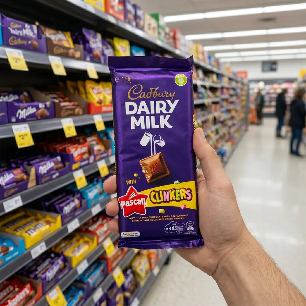 Cadbury Dairy Milk Chocolate Bar with Pascal Clinkers - Iconic Flavours Combined, Premium Chocolate Bars with Crunchy Candy Pieces Melt In Your Mouth Texture & Nostalgic Taste, Gourmet Treat Gift Idea, 6oz, Ice-Packaging