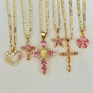 Gold Plated Pink Necklace for Women - Figaro chain  - Fashion Accessory jewelry fashion necklace necklace woman pendant