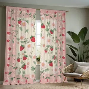 2-Piece Strawberry Print Curtains, Fashionable Rod Pocket Window Drapes for Bedroom & Living Room, Comfortable Atmosphere, Easy Installation