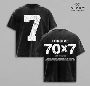 Mathew 18:21-22 Forgive 70x7 Double Printed Vintage Jesus Washed Tee, Unisex Oversized Heavyweight Cotton T-shirt for Faith-Based Streetwear Bible Verse Church Outfit Gym Pump Cover Christian Merch