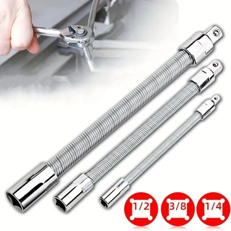 35cm 1/2" Drive Socket Wrench Set, Flexible Extension Kit Includes 3 Bendable Shafts & Connecting Extender Rods, Heavy Duty Mechanical Repair Hand Tool for Auto Maintenance & Household DIY Projects, Bendable Rods, Centimeters