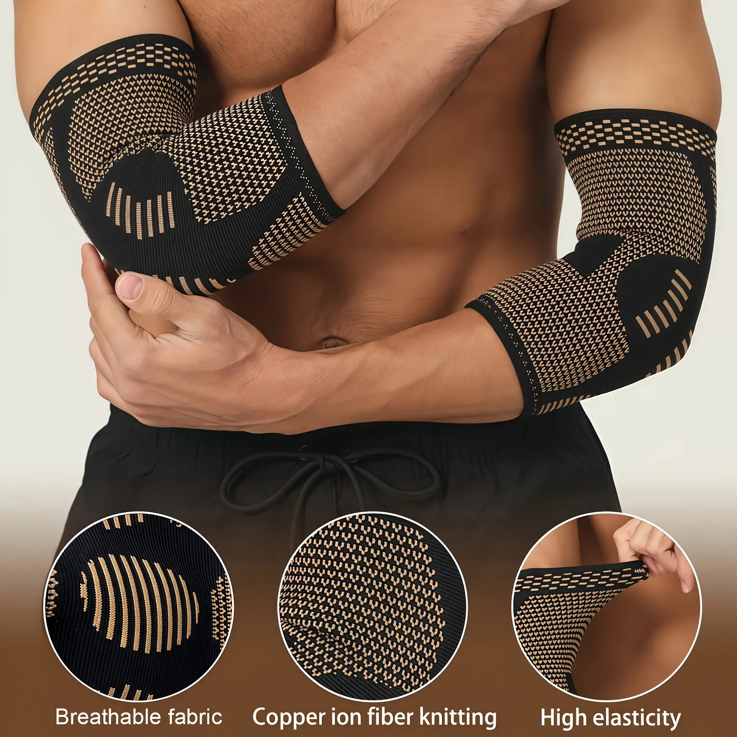 2pcs Copper Fiber Elbow Brace for Men & Women, Arm Elbow Support Compression Sleeves, Elbow Wraps, Protective Sleeve for Tennis, Golfer, Warmth, Weightlifting, Fitness, Workout