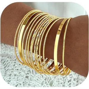 Gold Bangle Bracelets for Women, Indian Bangles Stackable Set, Multi Layer Textured 14K Gold Plated Chunky Bracelets Boho Jewelrys Set