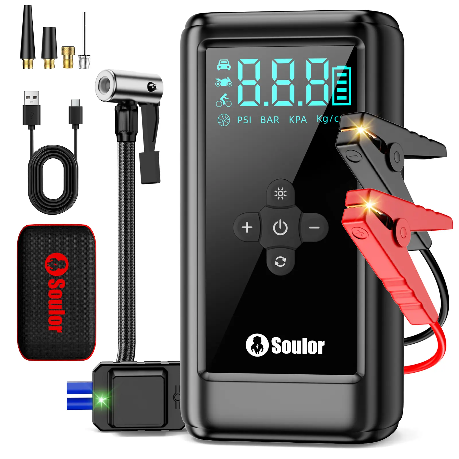 Soulor 3000A Car Jump Starter with 160PSI Tire Inflator, Power Bank & LED Light, 2026 All-Season Tool, Reliable at -20°F, Compatible with Most Cars & Trucks, For Emergency Driving Situations