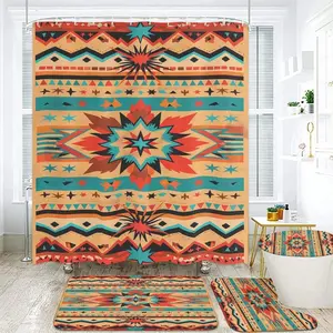 4-Piece Southwestern Tribal Aztec Pattern Bathroom Set - Includes 71x71 Shower Curtain, Bath Mat, Contour Rug, Toilet Lid Cover
