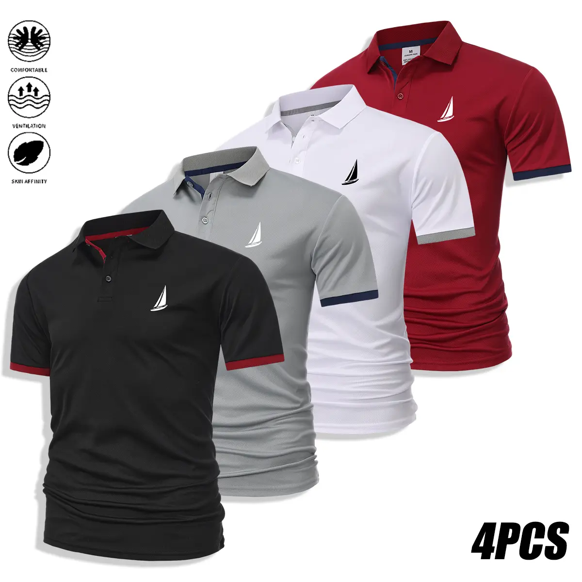 Men's 4-Pack Polyester Polo Shirts, Casual Classic Summer Tops with Chest Boat Print, Buttoned Collar & Lapel, Breathable Comfortable Stretchy, Ideal for Golf & Everyday Casual Wear, Great Gift Option