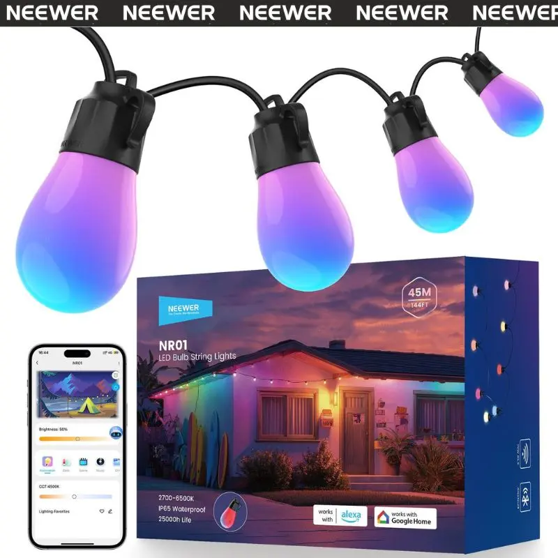 NEEWER NR01 98.4ft Outdoor String Lights RGBW, Smart Waterproof Patio Lights with APP Control, AI Lighting Effects & Music Syncm Decorative LED Lights for Backyard Garden Party Camping Outdoor Photography tiktokshopbacktoschool