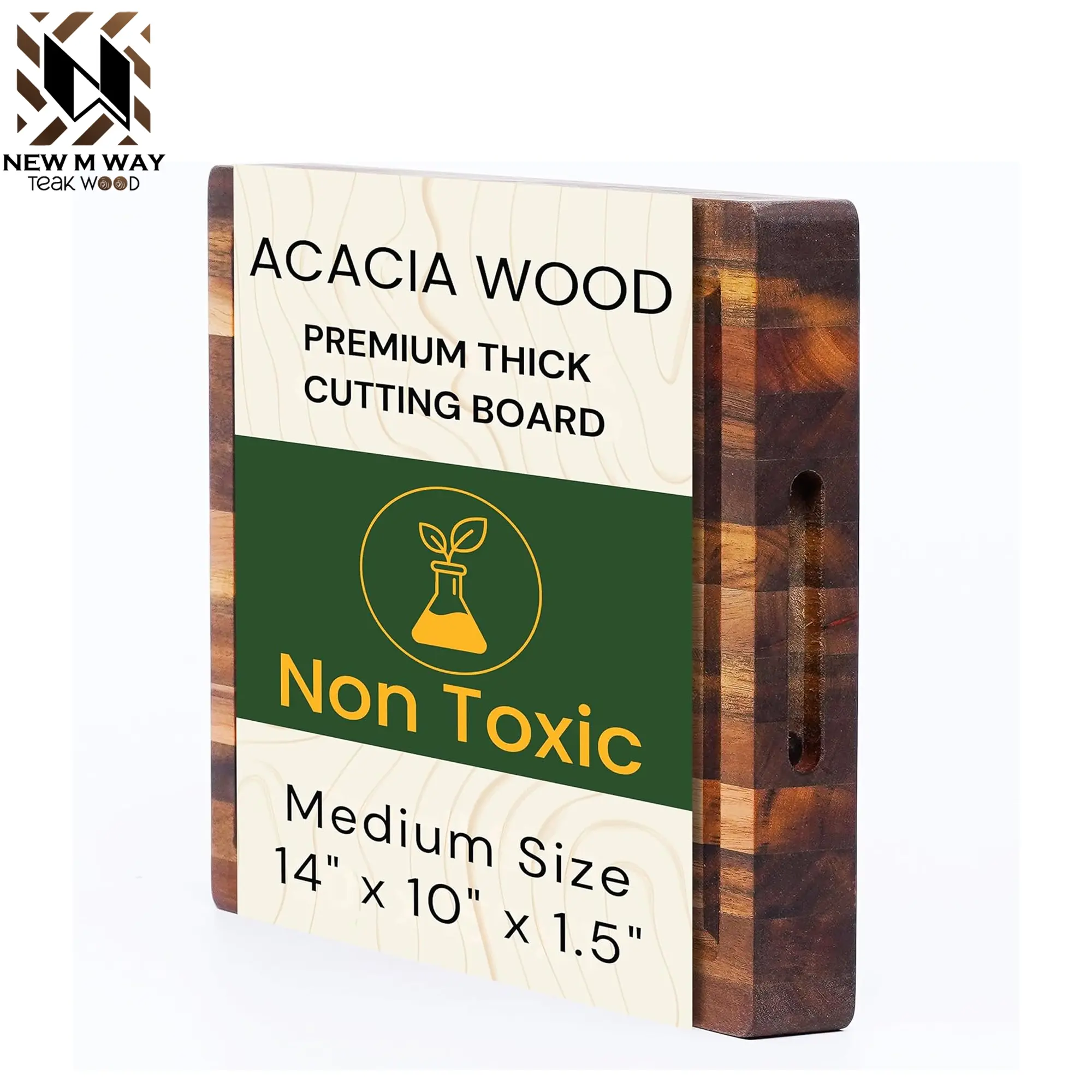 Premium Acacia Wood Butcher Block Cutting Board, 14" x 10" x 1.5" Thick Edge Grain with Deep Juice Groove, Solid Hardwood Serving Platter, Non-Toxic & BPA Free by New M Way
