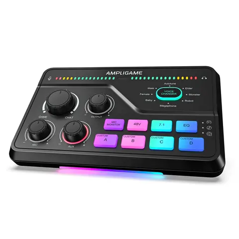 fifine SC8 Gaming Audio Mixer - 7.1ch Surround Sound, Headphone Amp, XLR Preamp, USB Plug-and-Play, Voice Changer, RGB Volume Control, 3 EQ Modes, Streaming Device with Cable Connector, AmpliGame SC8