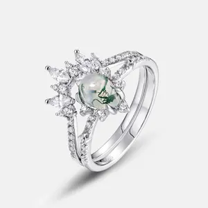 925 Sterling Silver Engagement Rings Set Water Drop Shape Natural Moss Agate Stacking Rings Valentine Gift for Girlfriend