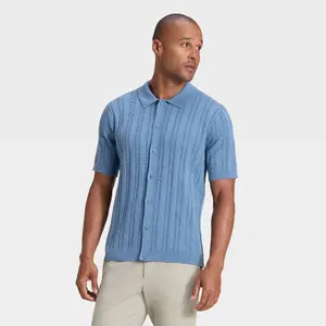 Goodfellow & Co Men's Short-Sleeve Cable-Knit Full-Button Polo Collar Sweater - Casual Classic Fit, Ribbed Cuffs, Ribbed Hem, Comfy Cotton-Viscose-Nylon Blend