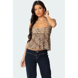 Tiger Printed Mesh Babydoll Top Tiger Printed Mesh Babydoll Top