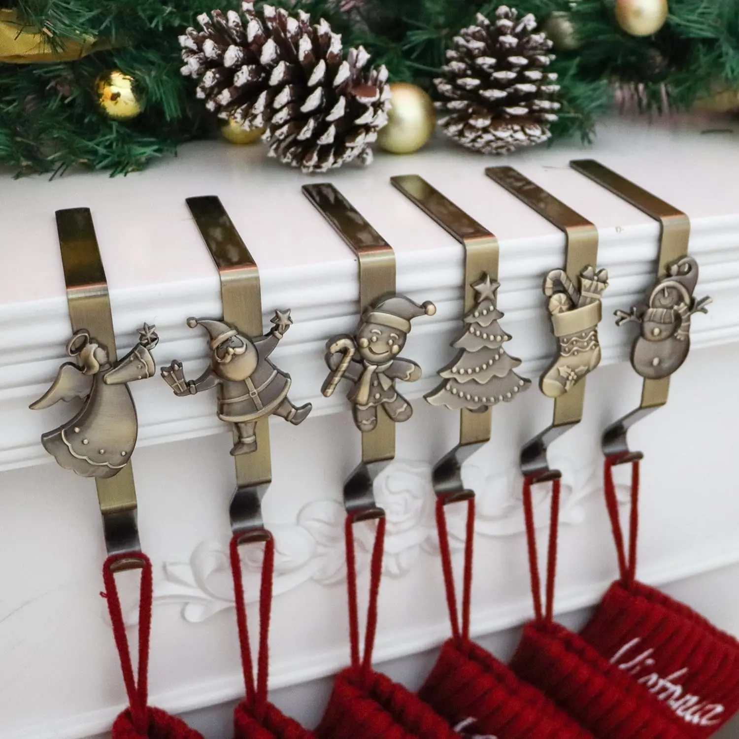 Christmas Stocking Holder for Mantle Set of 6, Reusable Christmas Stocking Hooks, No-Damage Xmas Hanger for Fireplace mantle Grip Stand Christmas Decoration Ornaments Hanging Bronze Shelf Floor
