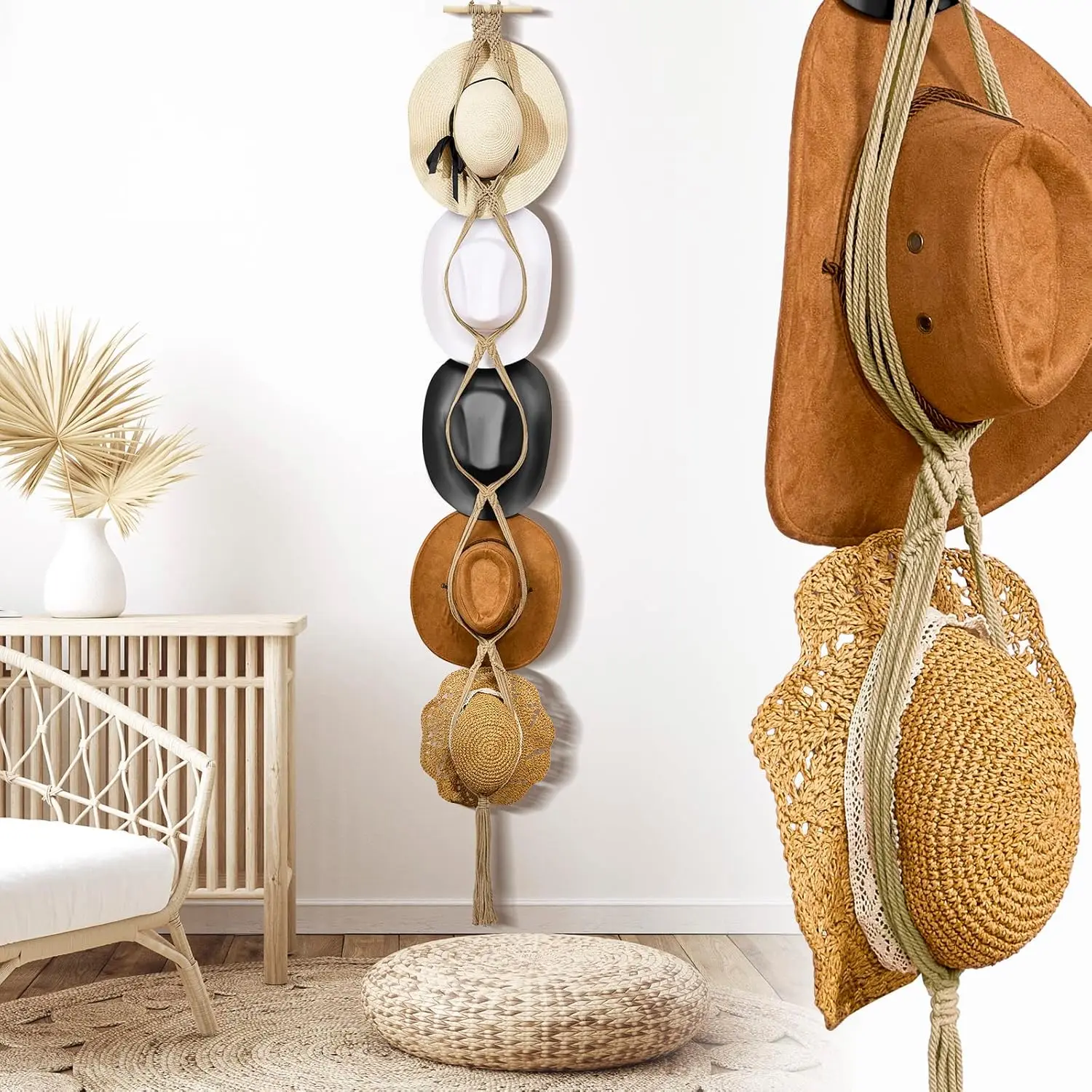 Macrame Hat Hangers Boho Hat Rack Cowboy Hat Hanger  of Door Hat Organizer (Beige,Five Hats Style)