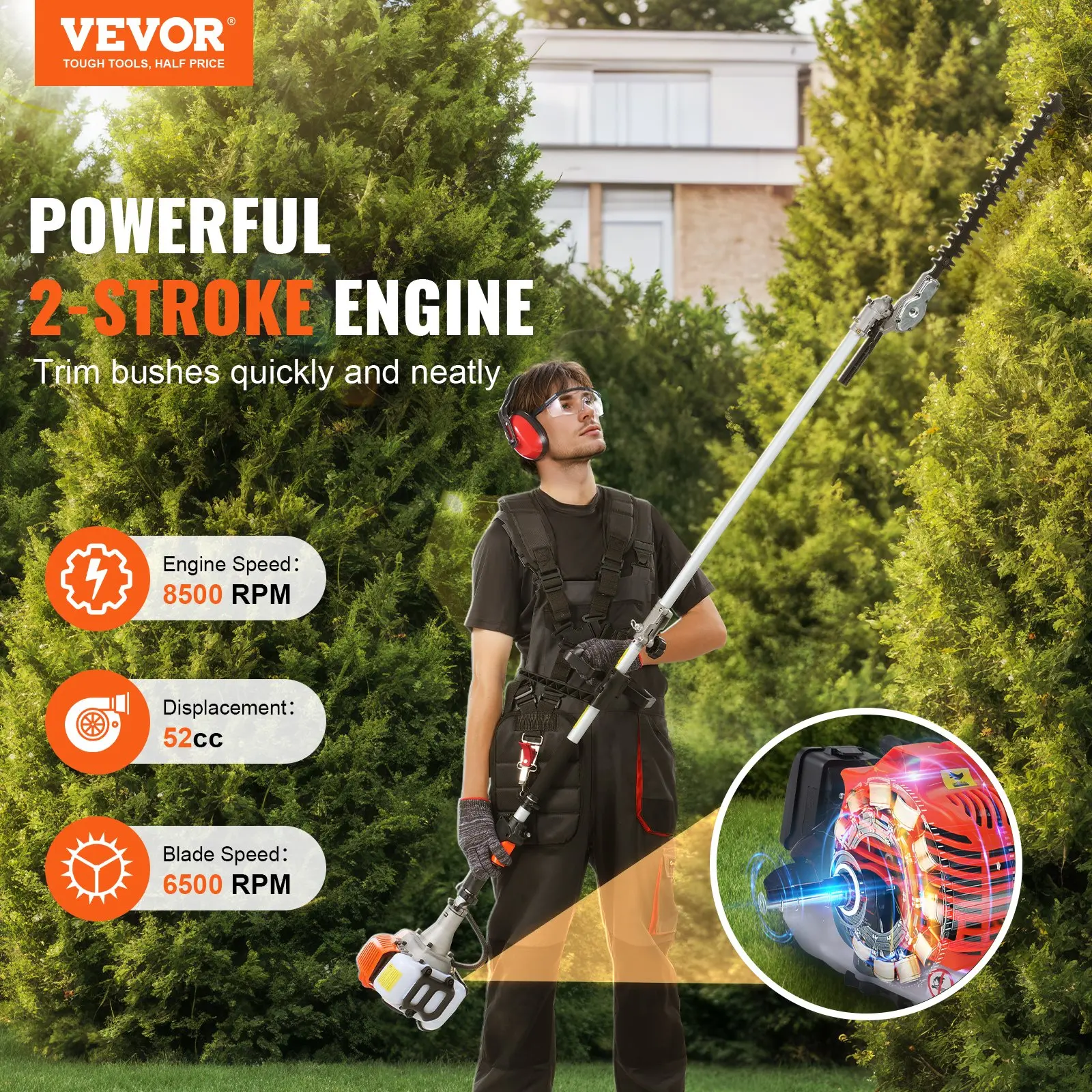 VEVOR 52cc 6-in-1 Multi-Functional Garden Tool Full Kit, Gas Hedge Trimmer, Weed Eater, Portable String Trimmer, Brush Cutter, Edger, Pole Saw Chainsaw Pruner with Extension Pole, Blades, Shoulder Strap, Ear Protectors to Soften Loud Noise for Lawn Use, T