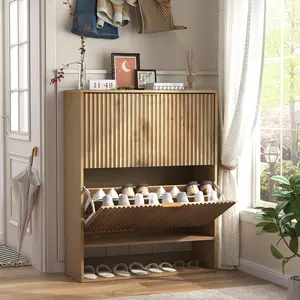 Garvee Entryway Fluted Shoe Storage Cabinet, Narrow Freestanding Shoe Rack with Dual Flip Drawers, Open Shelf and Side Hooks, Space-Saving Shoe Organizer for Hallway & Foyer, Oak