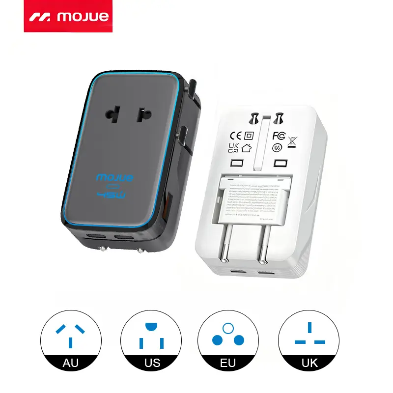 【Universal Travel Adapter PD 45W】 Travel essentials, MOJUE Universal Power Adapter 2 USB C 1 USB A, Ultra Thin International Plug Adaptor Worldwide Outlet for US to European UK Italy Spain New Zealand (Type C G A I), 1 Pack (Grey 45W) -Father's Day gift
