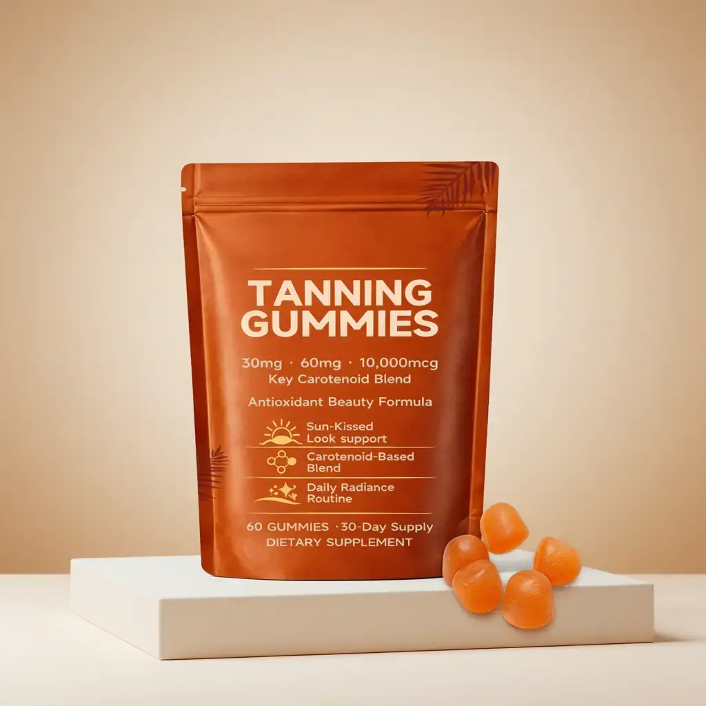 Amz Vegan Sugar-Free Glow Gummies for Adults - Natural Skin Care Beauty Supplement with Astaxanthin, Beta Carotene, Vitamins C & E - Fast-Acting Sun-Free Tanning Chewables - 60 Count for Radiant Glow