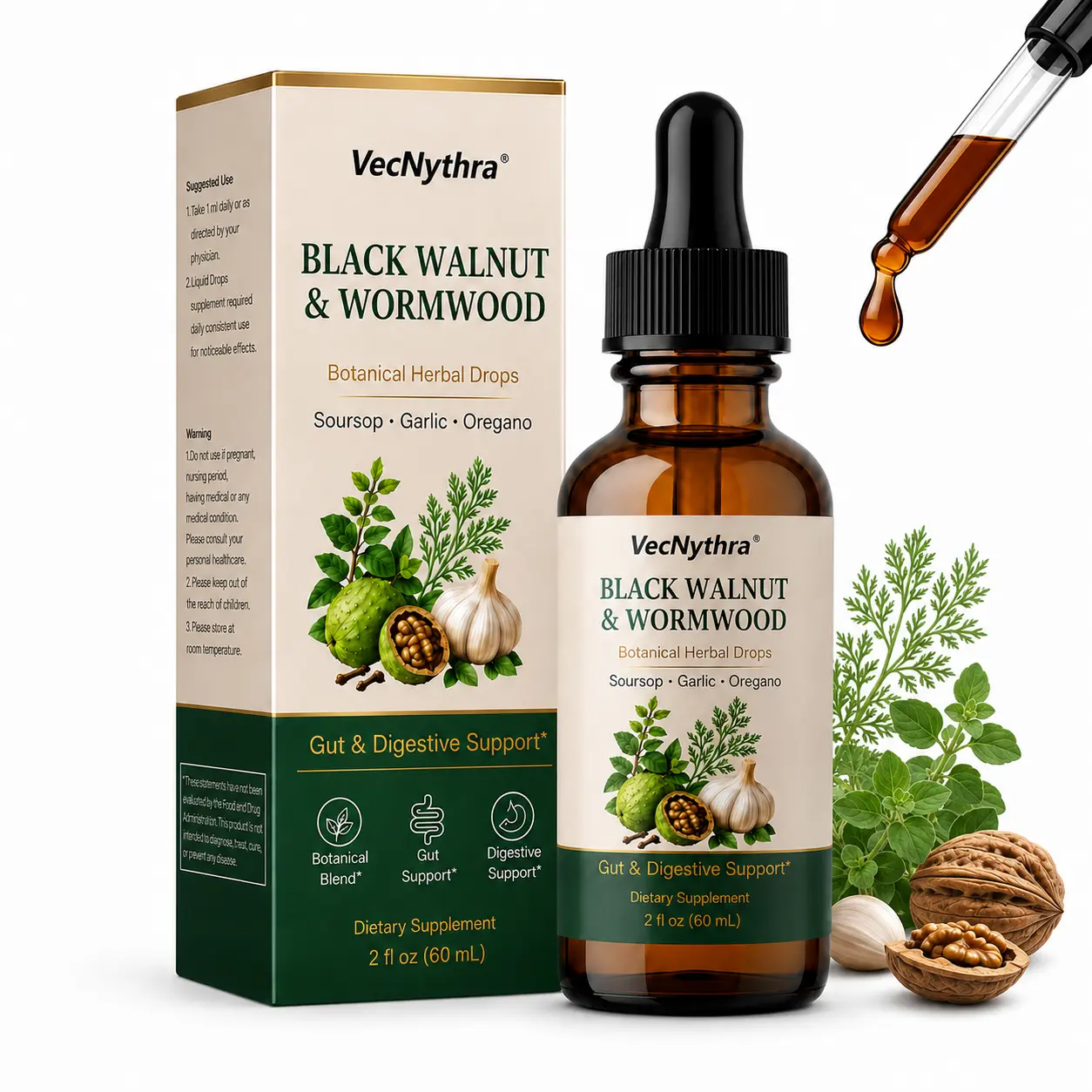 VecNythra Black Walnut Wormwood Tincture - Garlic, Oregano, Clove & Soursop - Intestinal Cleansing & Digestive Health Support - Liquid Dietary Supplement - 2FL
