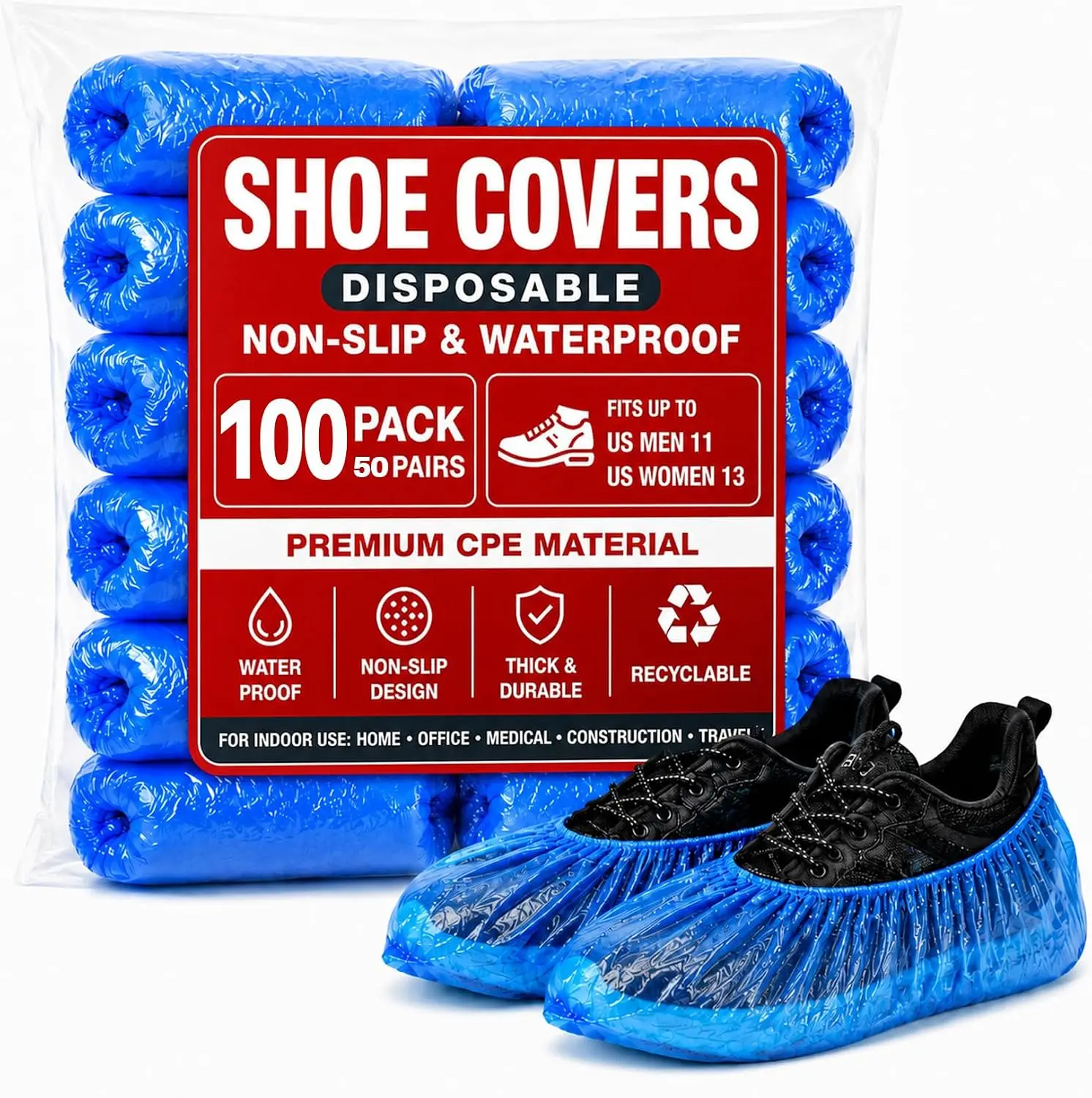 100-Pack Disposable Waterproof Non-Slip Plastic Shoe Covers - Lightweight Household Booties with Bag, Universal Fit for Home Guests, Indoor/Outdoor Floor Protection, Home Care Supplies