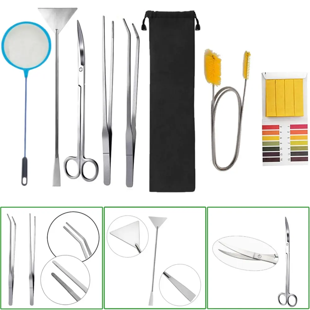 7-in-1 Rust-Proof Stainless Steel Aquarium Aquascaping Tools Kit - Tweezers, Scissors, Spatula, Skimmer, Scrapers with Precision Grips for Fish Tank Cleaning, Multi-Tool Set, Aquascape Cleaning, Functional Kit