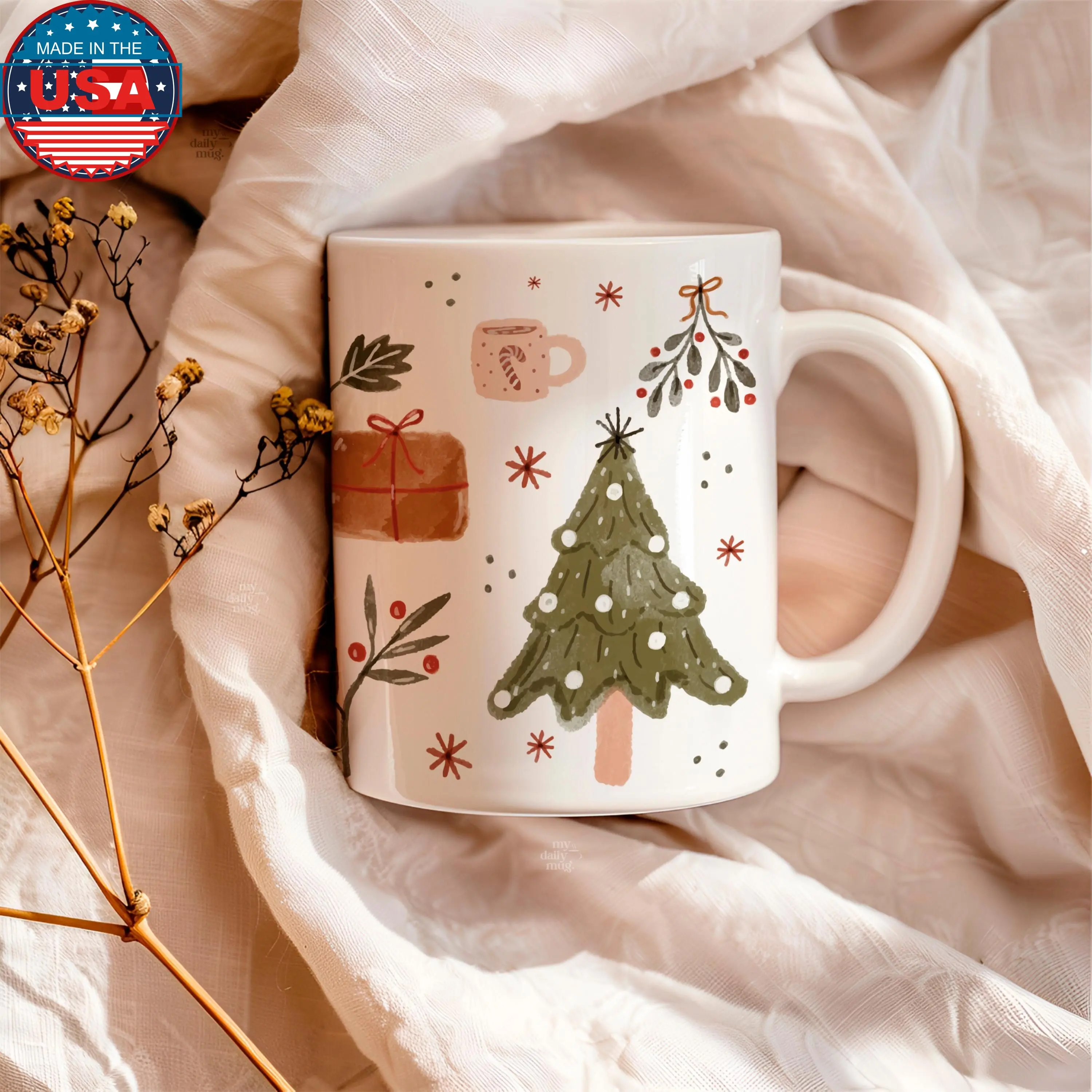 [Sale off up to 50%] Cozy Christmas Mug with Watercolor Ornaments, Perfect Gift Idea for Christmas, Winter Mug for Holiday, Santas Secret Gift for Her