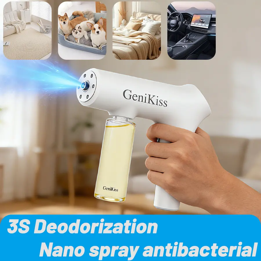 GeniKiss Nano Blue Light Probiotic Deodorizer, indoor odor removal, pet deodorant. Bio-enzymes break down urine, disinfect and deodorize, Plant-extracted, safe and non-toxic for pets, Floral scent Air Freshener Spray