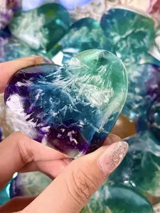 1pc Glam Boho Style Feather Fluorite Crystal Heart | Unique Collectible Gift, Crystal Carvings, Crystal Palm for Home Office Decor, Crystal Decorative Ornaments