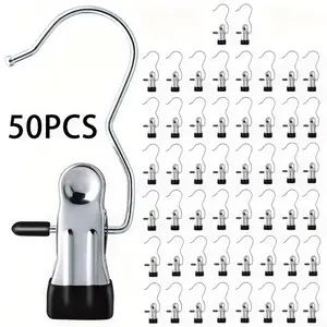 50PCS Black Stainless Steel Laundry Clips with Anti-Slip Hooks, 360° Rotatable, Strong Grip. Ideal for Towels, Socks, Clothes, Hats, Boots. Heavy Duty Hangers, Space-Saving, Rustproof, Great for Home Closet, Drying & Travel Use.