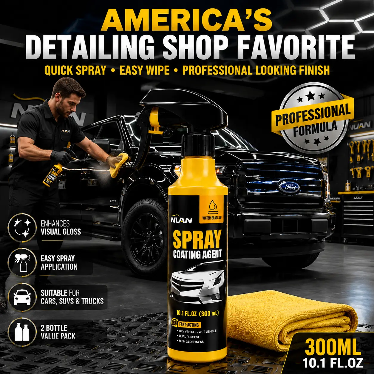 NUAN Car Paint Coating - Ceramic Coating Spray for Cars, 3-in-1 Waterless Wash & Wax, Hydrophobic Paint Protection, High Gloss Shine, SiO2 ceramic spray, wax polish spray, pH neutral car wash, headlight coating, ceramic coating kit, water beading spray