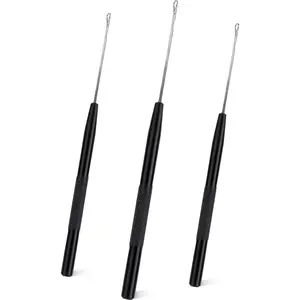 Stainless Steel Hair Extensions Loop Needle Pulling Hook Tool, 3 PCS Micro Needle Threader Wire Pulling Crochet Hook Tools for Silicone MicroLink Beads Rings and Feathers Extensions